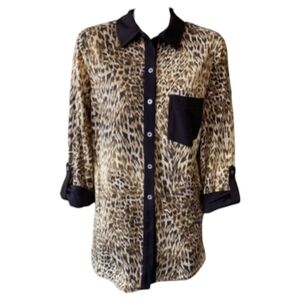 Nygard Coffee Brown Animal Print 3/4 Sleeve Button Down Blouse Plus Sz 2X